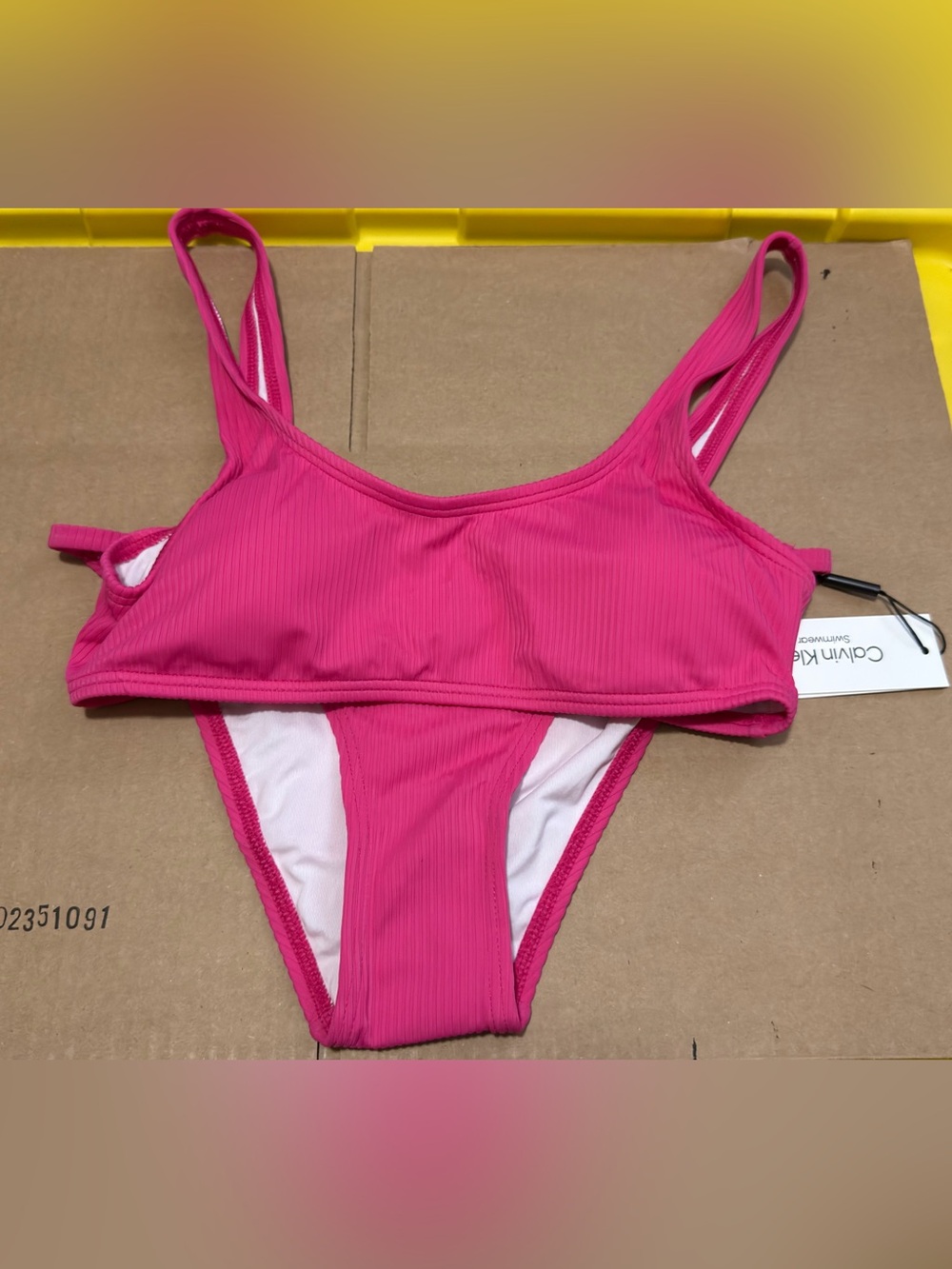 Calvin Klein Pink Ribbed Bikini Set NWT Scoop Neck Cheeky Bottoms Small UPF 50+
